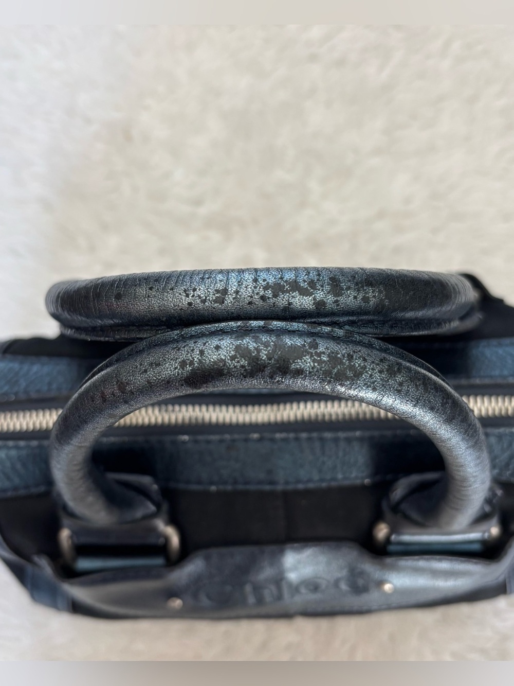 Chloe Metallic Blue Leather Black Canvas Handbag/Duffle Bag 12”x8”x7” - Picture 16 of 16